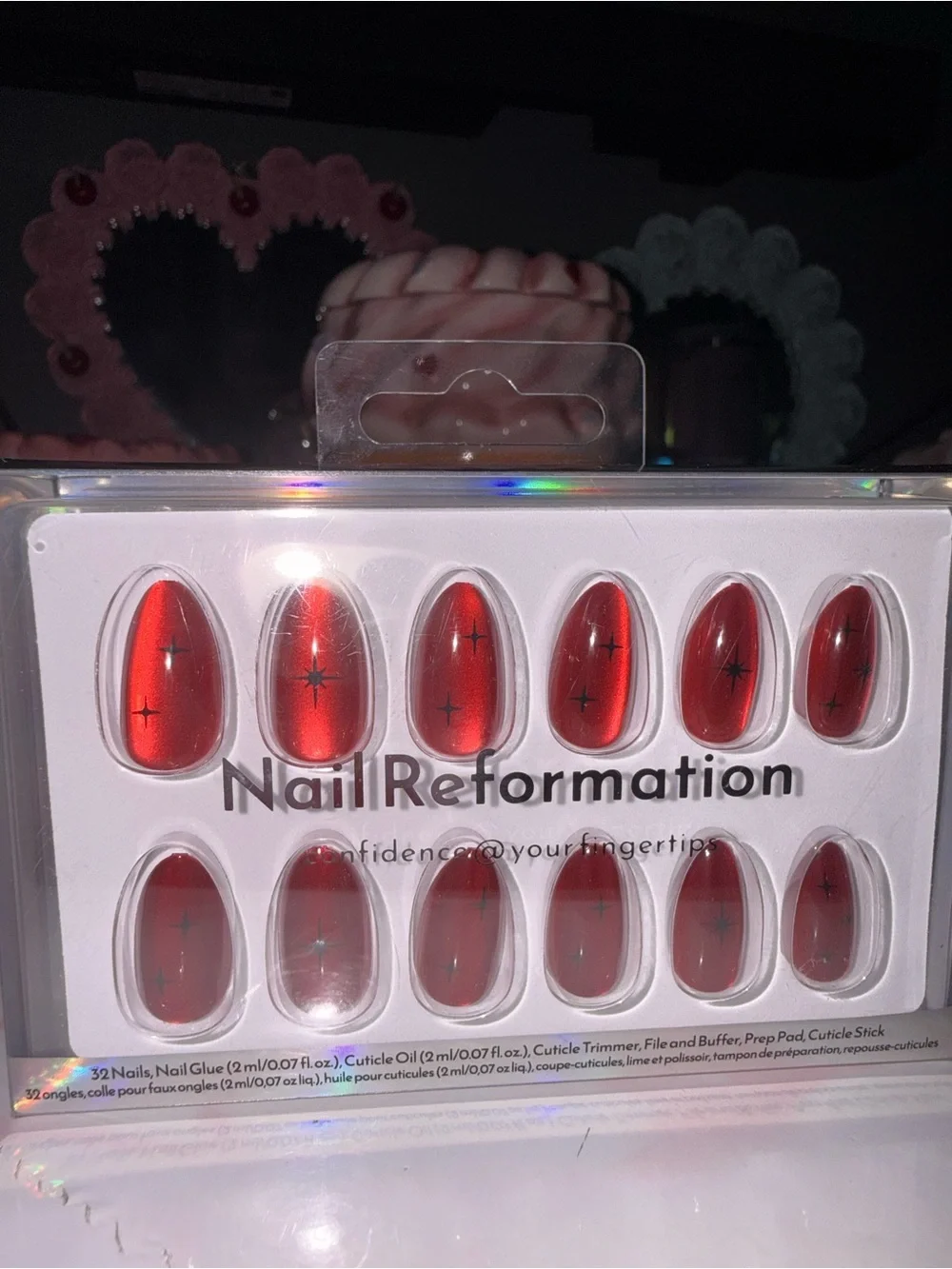 Nail Reformation red reflective with star accent press on nail set